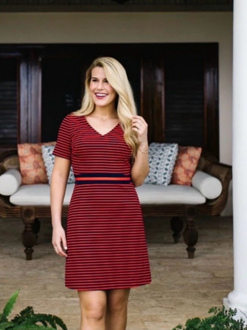 Like New! Draper James Red and Navy Striped Short-Sleeve Shift Dress
